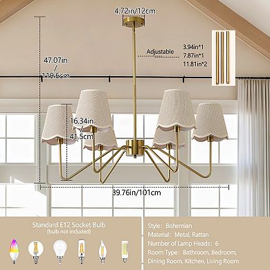 Adjustable Rustic Pendant Light for Dining Room Gold Chandeliers with Fabric Lamp Shade