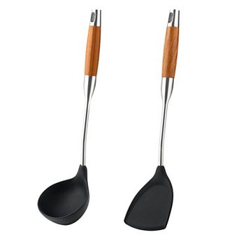 2 pc Silicone Spatula & Ladle Set - Heat-Resistant, Non-Stick, Wooden Handle