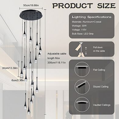 Black Modern Crystal Chandelier High Ceiling Spiral Crystal Raindrop Light Fixture