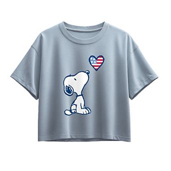 Girls 7-16 Peanuts Snoopy USA Flag Heart Boxy Tee