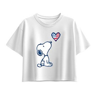 Girls 7-16 Peanuts Snoopy USA Flag Heart Boxy Tee