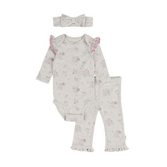 Newborn Baby Girls Huggies® 100% Organic Floral Long Sleeve Bodysuit, Pants & Headband 3 pc Set
