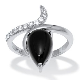 PalmBeach Jewelry Teardrop Genuine Onyx and Cubic Zirconia Silvertone Ring