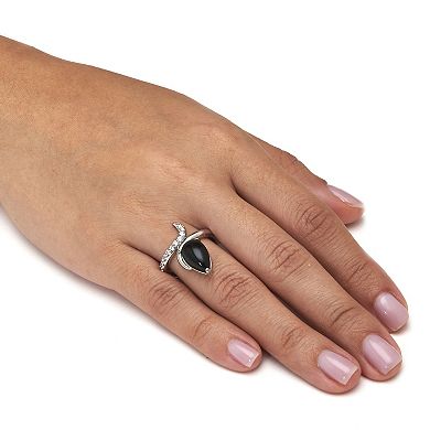 PalmBeach Jewelry Teardrop Genuine Onyx and Cubic Zirconia Silvertone Ring