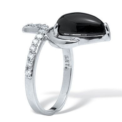 PalmBeach Jewelry Teardrop Genuine Onyx and Cubic Zirconia Silvertone Ring