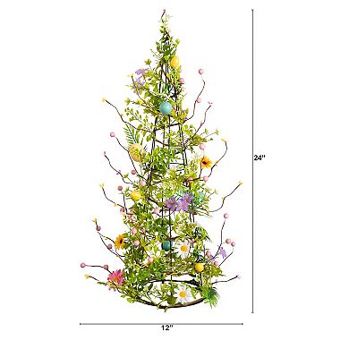 nearly natural 24-Inch Artificial Easter Cone Tree with Wild Flowers & Mini Eggs