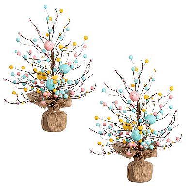 nearly natural 18-Inch Pre-Lit Artificial Easter Egg Twig Tree - Set of 2