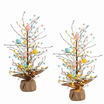 nearly natural 24-Inch Pre-Lit Artificial Easter Egg Twig Tree with LED Lights - Set of 2