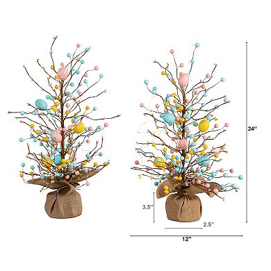 nearly natural 24-Inch Pre-Lit Artificial Easter Egg Twig Tree with LED Lights - Set of 2