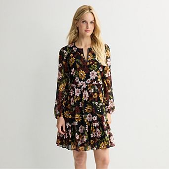 Women's MSK Long Sleeve Babydoll Dress with Pleather Piping