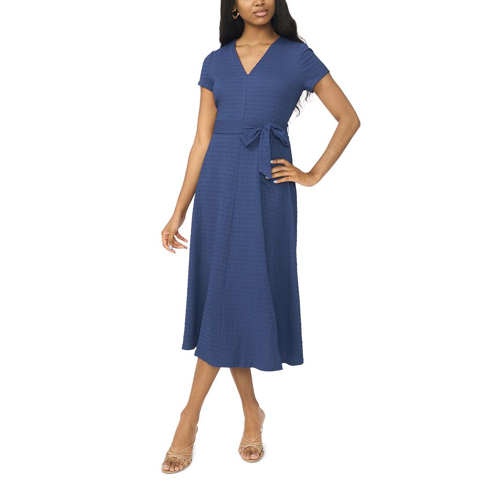 Women's MSK Short Sleeve V-Neck Tie Waist Midi Dress
