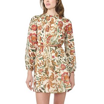 Women's MSK Ruffle Neck Dress with Pleats & Belt Trim