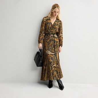 Women's MSK Long Sleeve Surplice Maxi Dress with Godets & Belt Trim