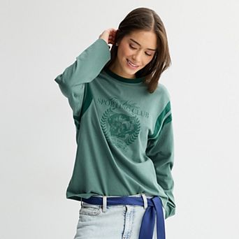 Juniors' SO® Varsity Long Sleeve Crew Neck Top