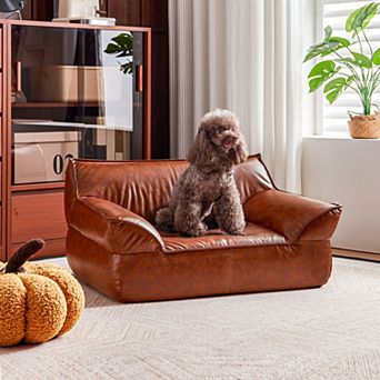 Leather Dog Bed Couch for Medium Dogs Under 50 lbs, Brown foam Orthopedic Elevated Pet Sofa Indoor