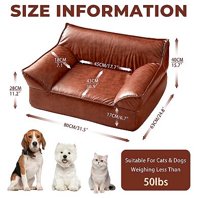 Leather Dog Bed Couch for Medium Dogs Under 50 lbs, Brown foam Orthopedic Elevated Pet Sofa Indoor
