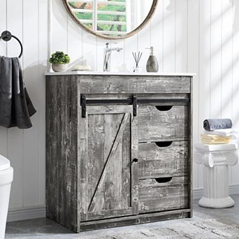 30" Farmhouse Bathroom Vanity with Sink, Sliding Barn Door Cabinet, 3 Drawers & Adjustable Shelves