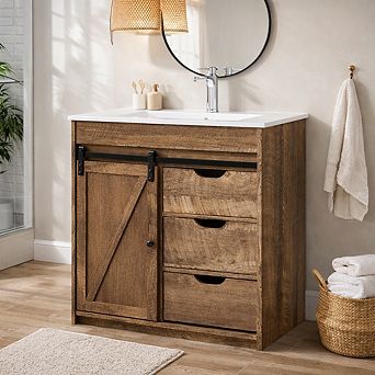 30" Farmhouse Bathroom Vanity with Sink, Sliding Barn Door Cabinet, 3 Drawers & Adjustable Shelves