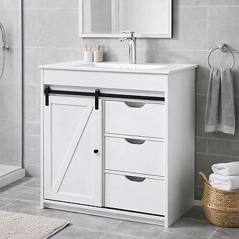 30" Farmhouse Bathroom Vanity with Sink, Sliding Barn Door Cabinet, 3 Drawers & Adjustable Shelves