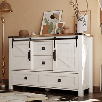 48" Farmhouse Dresser with Sliding Barn Doors & 4 Drawers, Wooden Storage Chest Cabinet