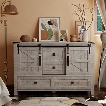 48" Farmhouse Dresser with Sliding Barn Doors & 4 Drawers, Wooden Storage Chest Cabinet