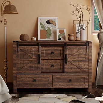 48" Farmhouse Dresser with Sliding Barn Doors & 4 Drawers, Wooden Storage Chest Cabinet