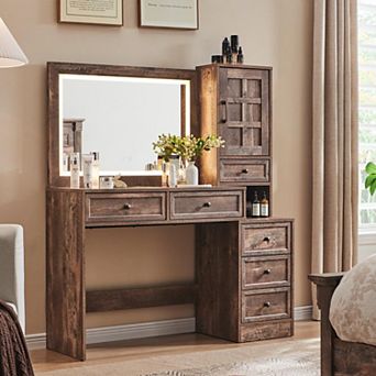 47" Wide Farmhouse Vanity Desk with 30" HD Led Mirror, Glass Top Makeup Table with 6 Storage Drawers