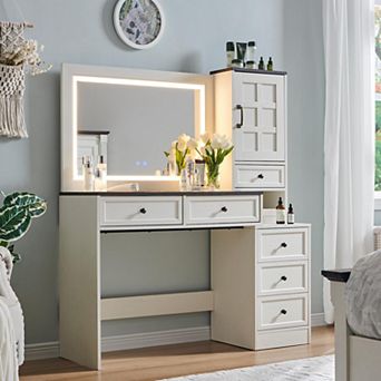 47" Wide Farmhouse Vanity Desk with 30" HD Led Mirror, Glass Top Makeup Table with 6 Storage Drawers