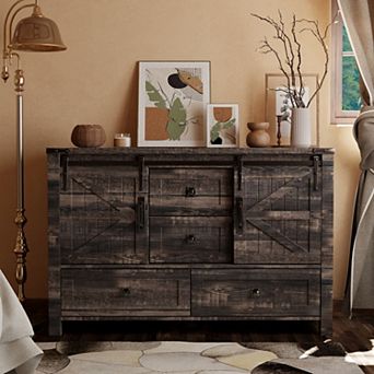 48" Farmhouse Dresser with Sliding Barn Doors & 4 Drawers, Wooden Storage Chest Cabinet