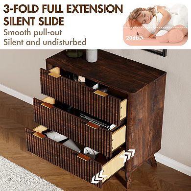 32" Modern Fluted Nightstand with 3 Drawers, 32" Tall Wood Bedside Table for Bedroom, Living Room