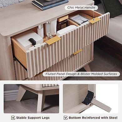 32" Modern Fluted Nightstand with 3 Drawers, 32" Tall Wood Bedside Table for Bedroom, Living Room