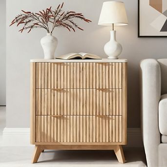 32" Modern Fluted Nightstand with 3 Drawers, 32" Tall Wood Bedside Table for Bedroom, Living Room