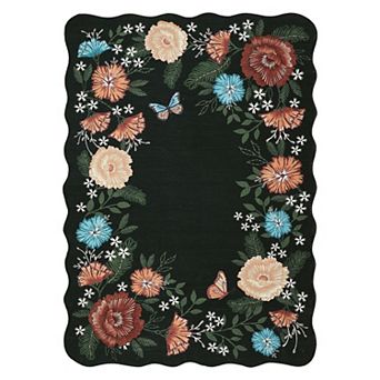 Scalloped Floral Washable Rug - Stain Resistant, Non-Slip Modern Carpet for Living Room, Bedroom