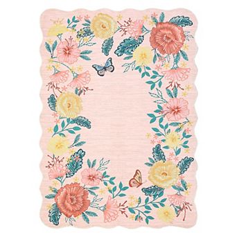 Scalloped Floral Washable Rug - Stain Resistant, Non-Slip Modern Carpet for Living Room, Bedroom