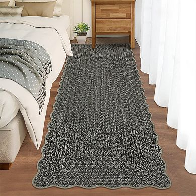Printed Rug with Braided Pattern on it, Scalloped Washable Runner Rugs for Entryway Non Slip Carpet
