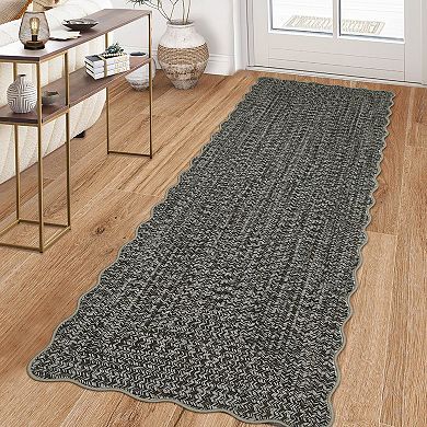 Printed Rug with Braided Pattern on it, Scalloped Washable Runner Rugs for Entryway Non Slip Carpet