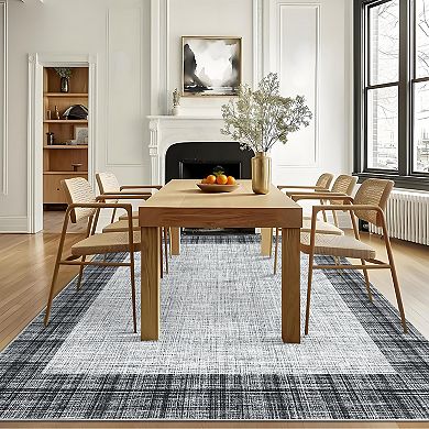 Plaid Border Area Rug - Modern Non-Slip Stain Resistant Carpet for Living, Dining, Home Office