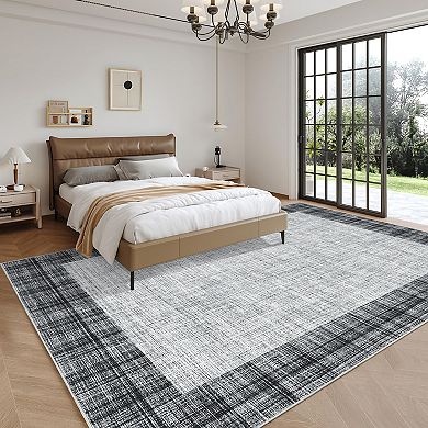 Plaid Border Area Rug - Modern Non-Slip Stain Resistant Carpet for Living, Dining, Home Office