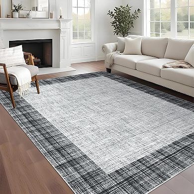 Plaid Border Area Rug - Modern Non-Slip Stain Resistant Carpet for Living, Dining, Home Office
