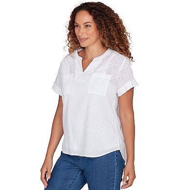 Hearts of Palm Women's All Sun And Games Solid Woven Eyelet Short Sleeve Popover