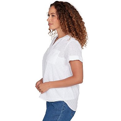 Hearts of Palm Women's All Sun And Games Solid Woven Eyelet Short Sleeve Popover