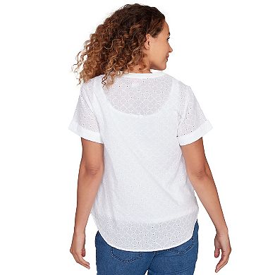 Hearts of Palm Women's All Sun And Games Solid Woven Eyelet Short Sleeve Popover
