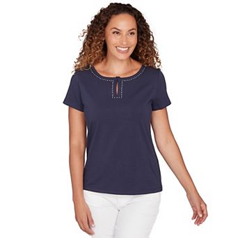 Hearts of Palm Women's Smooth Sailing Solid Short Sleeve Top With Kissing Keyhole Neckline