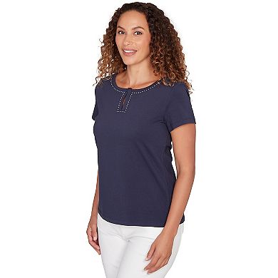 Hearts of Palm Women's Smooth Sailing Solid Short Sleeve Top With Kissing Keyhole Neckline