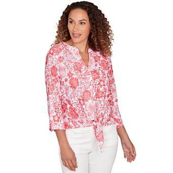 Hearts of Palm Women's Smooth Sailing Printed Eyelet Gauze Tie Front Top With 3/4 Sleeves