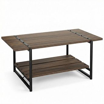 Modern Farmhouse Wood Coffee Table with Storage Shelf, 2 tier Center Table for Living Room