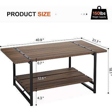 Modern Farmhouse Wood Coffee Table with Storage Shelf, 2-Tier Center Table for Living Room