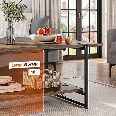 Modern Farmhouse Wood Coffee Table with Storage Shelf, 2-Tier Center Table for Living Room