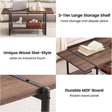 Modern Farmhouse Wood Coffee Table with Storage Shelf, 2-Tier Center Table for Living Room