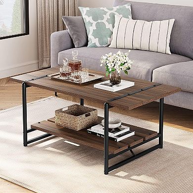 Modern Farmhouse Wood Coffee Table with Storage Shelf, 2-Tier Center Table for Living Room